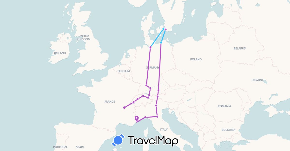 TravelMap itinerary: train, boat in Austria, Switzerland, Germany, Denmark, France, Italy, Liechtenstein, Sweden (Europe)
